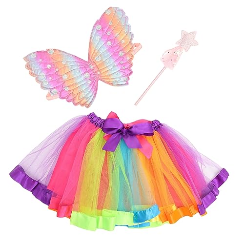 JEWEDECO Halloween Heiligenschein 3 Teiliges Kostü Set Mit Flügeln Tüllrock Zauberstab Für Ädchen Halloween Karneval Kostümierte Feiern Pink Fairy Dress von JEWEDECO