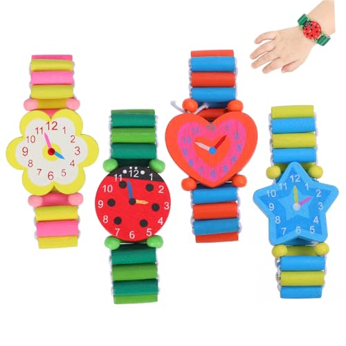 JEWEDECO 4 Stück Kinderarmband Kinder holzspielzeug Kinder Armbanduhr Lernspielzeug für Kleinkinder Spielzeug Uhr für Kleinkinder Spielen Uhrenarmband aus Holz Armbanduhr Spielzeug Bambus von JEWEDECO