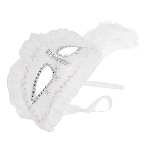 JEWEDECO Spitzenfedermaske Karnevalsmaske Maskerade-maske Für Frauen Katzenmasken Halloween-spitzenmaske Karneval-maske Abschlussball Maske Augenmaske Aus Spitze Abendmaske Perle Weiß von JEWEDECO