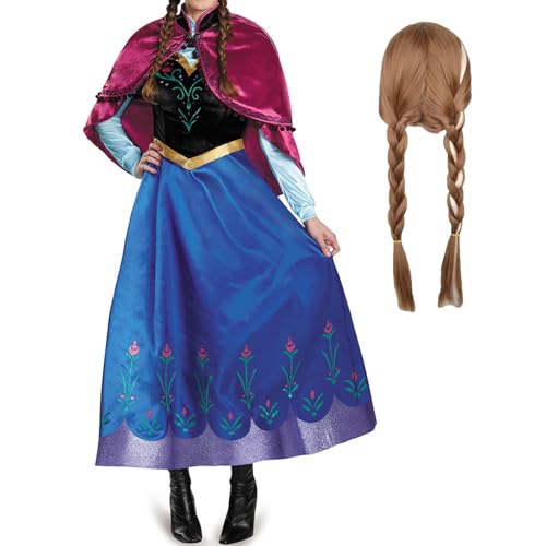 JGZGCG Damen Anna Prinzessin Kleid mit Perücke Schneekönigin Verkleidung Prinzessin Anna Cosplay Kostüm Weihnachten Halloween Karneval Party Bühnenauftritt Kostüm für Erwachsene von JGZGCG