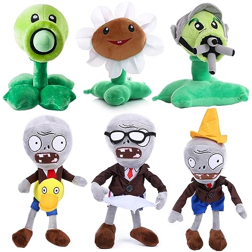 JHESAO 6-teiliges Plüsch-Set mit Pflanzen und Zombies, 1 2 gefüllte, weiche grüne Gatling-Puppe, Zapfenkopf-Zombies, Nespaper Zombie, PVZ, Plüschfigur, Ente, Zombie-Puppe von JHESAO