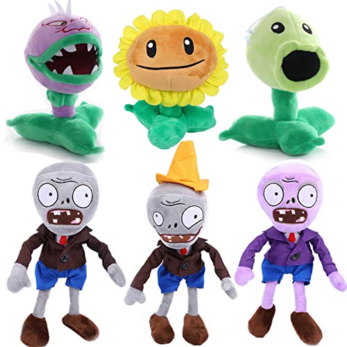 JHESAO PVZ Plüsch-Zombies-Pflanzen-Set, 6 Stück, Erbsenhaube, Conehead Zombie, 1 2 gefüllte, weiche Chomper-Puppe, grauer Zombie, Sonnenblume, PVZ-Figur, Puppe, lila Zombie von JHESAO