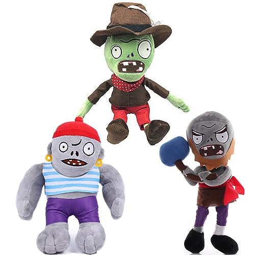 JHESAO Plüsch-Hammer-Zombies-Set, 3 Stück, 1 2 gefüllte, weiche Cowboy-Zombie-Puppe, Gargantuar-Piraten-Zombies, PVZ-Plüschfigur-Puppe von JHESAO