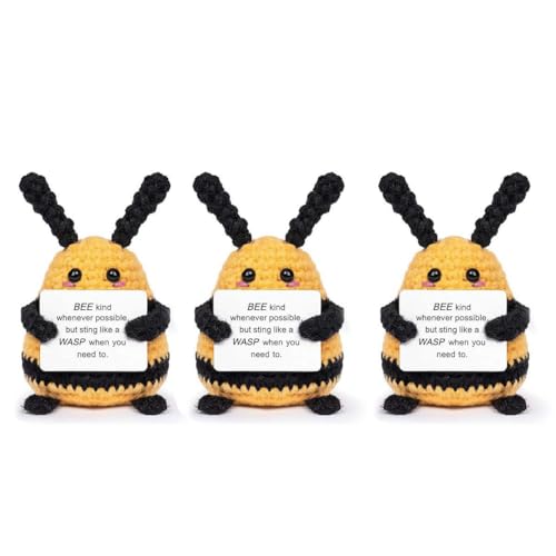 JHIALG Lustige positive Biene, Mini-Häkelbiene mit positiven Affirmationskarten für inspirierende, gestrickte Taschen-Biene mit Emot-Puppe von JHIALG