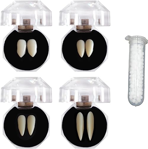 4 Paar Halloween Vampir Zähne, 4 Größen Vampir Fangs Kit ,Vampire Teeth Gefälschte Zahnersatz mit 1 Rohr Zähne Pellets Klebstoff, Halloween Dämon Zähne für Cosplay Party Requisiten Halloween von JIAHG