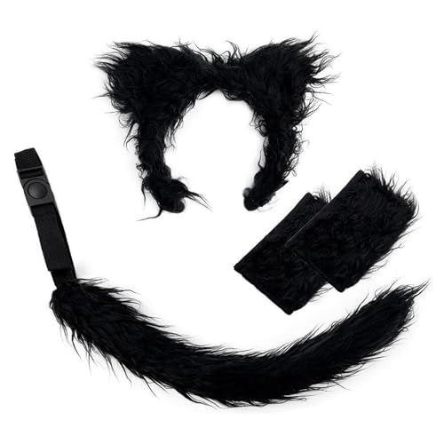 Halloween-Kostüm aus Kunstfell, Werwolf-Kostüm, Maske, Stirnband, Handschuhe und Schwanz, Set für Damen, Teenager, Cosplay, ausgefallenes Party-Zubehör, Schwarzer Wolf Haarreif mit Schwanz und von JIAHG