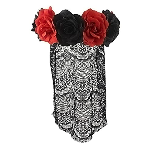 JIAHG Halloween Tag Der Toten Haarreif Schleier Halloween Stirnband Kopfbedeckung Halloween Haarschmuck mit Rosen und Schleier Damen Kostüm für Tag Der Toten Halloween Cosplay Kostüm Party von JIAHG