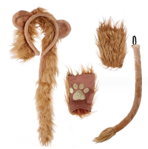 JIAHG Löwen Kostüme Set Löwen Ohren Haarreifen Schwanz und Pfoten Handschuhe Set Kinder Tierkostüm Halloween Kostüm für Kinder und Erwachsene Karneval Halloween Maskerade Kindergeburtstag von JIAHG