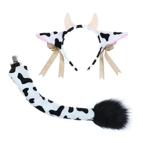 Kuh Kostüm Set,Cattle Stirnband Schwanz Set, Kuh Ohr Stirnband mit Glocken, Plüsch Tier Kostüm Set,Kuh Cosplay Schwanz Haarband, Tier Haarreif Schwanz für Karneval Halloween Maskerade Geburtstag von JIAHG