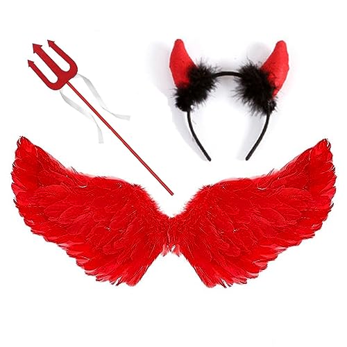 Engel Flügel Schwarz,Engelsflügel mit Heiligenschein und Zauberstab,Engel Kostüm Damen Rot,Halloween Schwarzer Engel,Gefallener Engel Kostüm,Dunkler Engel Kostüm für Cosplay (Rot) von JIAJIAYI