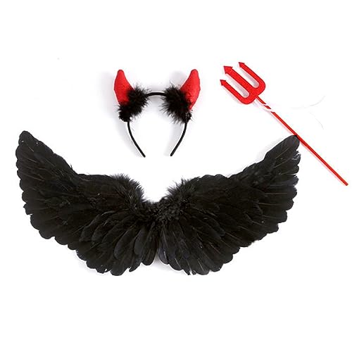 Engel Flügel Schwarz,Engelsflügel mit Heiligenschein und Zauberstab,Engel Kostüm Damen Rot,Halloween Schwarzer Engel,Gefallener Engel Kostüm,Dunkler Engel Kostüm für Cosplay (Schwarz) von JIAJIAYI