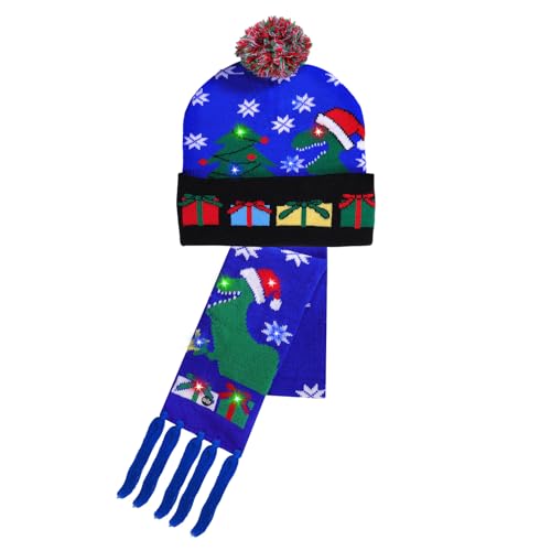 JIAN YA NA Warme Wintermütze für Kinder: LED-beleuchtete Weihnachtsmütze, Schal, Unisex, Beanie, bunte Weihnachtsmütze für Urlaubsparty, Dinosaurier- und Weihnachtsmütze, Schal, Christmas hat scarf von JIAN YA NA