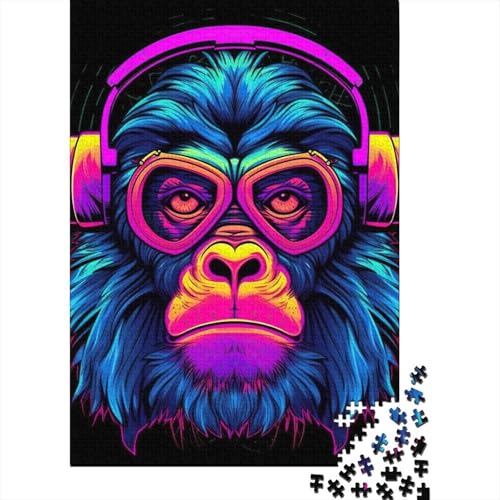 1000-teiliges Puzzle für Erwachsene und Teenager, Affen-DJ-Musik, Holzpuzzle für Erwachsene, Puzzle zum Stressabbau, schwierige Herausforderung, 75 x 50 cm von JIANGENNF