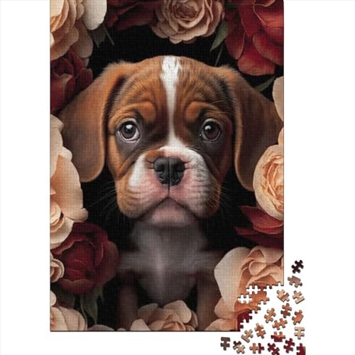 300-teiliges Puzzle „Welpe in Rosen“, Puzzle für Erwachsene und Jugendliche, Holzbrett-Puzzle, Spielzeug, Denkspiel, Größe: 40 x 28 cm von JIANGENNF