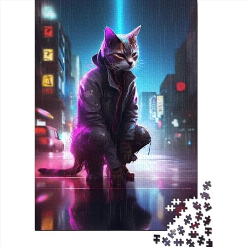 Cat Neon Art Holzpuzzle für Teenager, 500 Teile, Puzzle für Erwachsene, Teenager, Holzpuzzle für Erwachsene, Teenager (Größe: 52 x 38 cm) von JIANGENNF