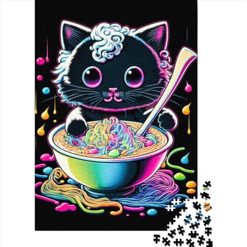 Cat Ramen Japan Holzpuzzle für Erwachsene Puzzle 500 Teile für Erwachsene Puzzles für Erwachsene Lernspiel Herausforderungsspielzeug 20,47 x 14,96 Zoll von JIANGENNF