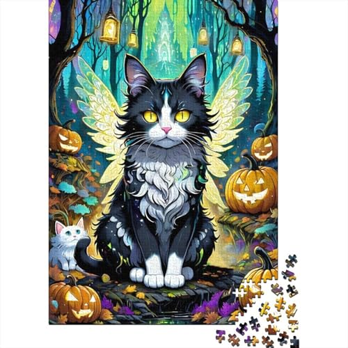 Halloween-Katzen-Puzzle aus Holz, Puzzle für Erwachsene und Teenager, 500 Teile, Puzzle für Erwachsene, Geschenke, Entspannungspuzzle, Spiele, Denksport-Puzzle (Größe 52x38cm) von JIANGENNF