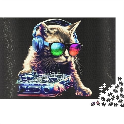 Katzen-Kopfhörer, DJ-Musik, Puzzle, 1000 Teile, Puzzle für Erwachsene, Teenager, Holzpuzzle, Puzzle für Erwachsene, nachhaltiges Puzzle für Erwachsene (Größe 75x50cm) von JIANGENNF