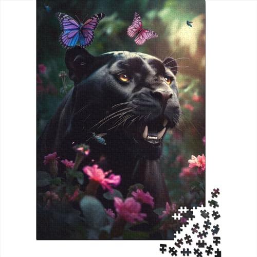Kunstpuzzle für Erwachsene, 500 Teile, Schwarzer Panther, Schmetterlinge, Holzpuzzle, Puzzle für Erwachsene und Teenager, Premium-Puzzle aus Holz (Größe: 52 x 38 cm) von JIANGENNF