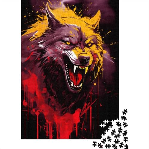 Kunstpuzzle für Erwachsene, 500 Teile, wütender Wolf, Malerei, Holzpuzzle für Teenager, Entspannungspuzzlespiele, Denksportaufgaben (Größe: 52 x 38 cm) von JIANGENNF