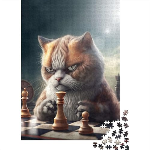 Lustige Katze spielt Schach, Holzpuzzle für Erwachsene, Kunst-Puzzles für Erwachsene, 1000 Teile, Entspannungspuzzles, Spiele, Denksportaufgaben (Größe: 75 x 50 cm) von JIANGENNF