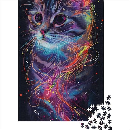 Neon-Katzen-Holzpuzzle für Erwachsene und Teenager, schwierige, anspruchsvolle Puzzles, 300-teiliges Puzzle für Erwachsene, Lernspiel, Herausforderungsspielzeug 15,75x11,02 Zoll von JIANGENNF