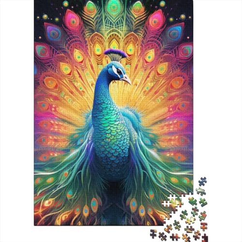 Psychedelischer Pfau, Holzpuzzle für Erwachsene, Puzzlespielzeug, 500 große Teile, Puzzle für Erwachsene, großes Holzpuzzle für Erwachsene 20,47x14,96 Zoll von JIANGENNF