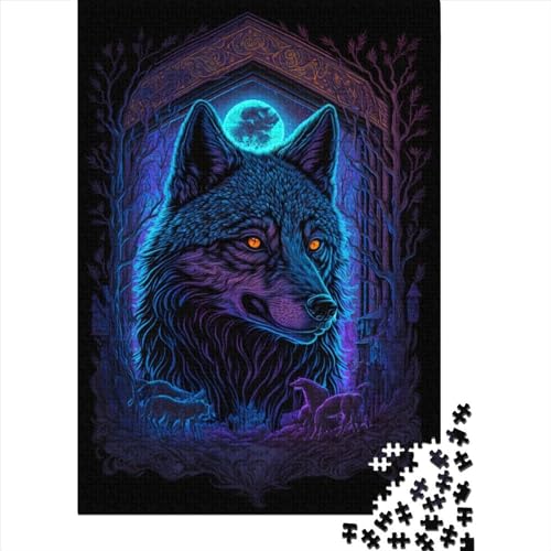 Schwarzlichtwolf-Holzpuzzle | Puzzle für Erwachsene, 300 Teile, Puzzle für Erwachsene, Puzzle, Mitmachspiel, Familiendekoration, 40 x 28 cm von JIANGENNF
