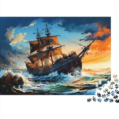 Segelndes Piratenschiff-Puzzle für Erwachsene, 1000 Teile, Holzpuzzle für Erwachsene, Puzzlespielzeug, Puzzles für Erwachsene, Lernspiel, Herausforderungsspielzeug (Größe 75x50cm) von JIANGENNF