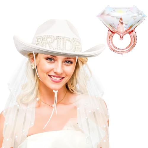 Cowboy Cowgirl Hut, Bride to Be 3 Stück mit Schleier und kurzer Braut kurze Handschuhe - Rodeo Junggesellinnenabschied Zubehör Land Hochzeit, Brautdusche weiß, Weiß, Large von JIANGLAI