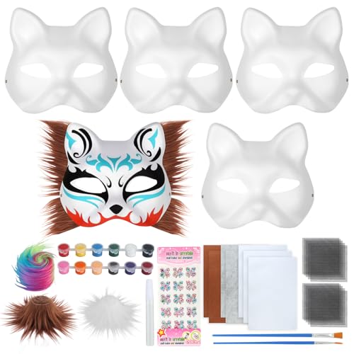 JIANGZHIB 5 Stück Katzenmaske Set, Weiße Therian Masken, Katzenmasken Zum Anmalen mit Edelstein Aufkleber, Fellen Und Augennetzen, Tier Katze Maske DIY Set Für Rollenspiele, Kostümpartys, Karneval von JIANGZHIB