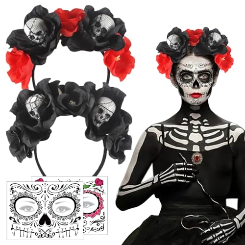 2 Stück Tag der Toten Haarreif,dia de los muertos haarreif,Dia de Muertos Haarreif,Halloween Tag der Toten Haarreif,mit schwarzen Rosen & Totenkopf Deko,Für Cosplay Karneval Fasching Mottoparty von JIASHA