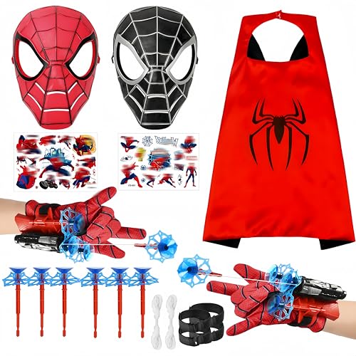 JIASHA 21 Set Spiderm Umhang Kinder,Super Spiderm Launcher Handschuhe mit Rot und Schwarz Spiderm Maske enthalten und Tattoo, Geschenk für Halloween Karneval Fasching für Kinder Fans Cosplay von JIASHA