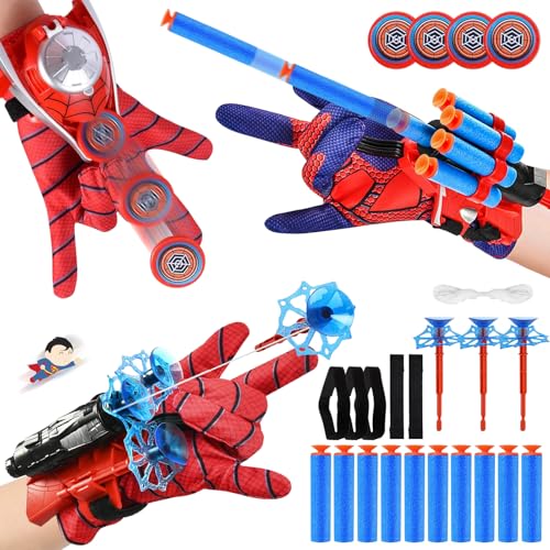 JIASHA 3 Set Spiderm Launcher Handschuh,Super Spiderm Web Shooter,Scheibe Dartscheibe Launch,Nerf Pfeile mit Saugnapf,Cosplay Spiderm Handgelenk Spielzeug Set Geschenk für Kinder Fans(F) von JIASHA