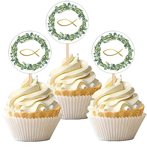 JIASHA 48 Stücke Taufe Cupacake Topper, Fisch Kommunion Cake Topper Kommunion Tortendeko Zur Taufe Tortendeko Konfirmation Tortendeko Tortenstecker Konfirmation für Kuchen Fondant Dessertdeko von JIASHA