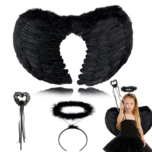 Engels Flügel Kostüm, 60cm Engel Flügel mit Heiligenschein und Zauberstab, Federflügel Engel Kostüm Damen Engelsflügel, Kostüm Zubehör für Halloween, Mottoparty, Karneval (Schwarz) von JIASHA