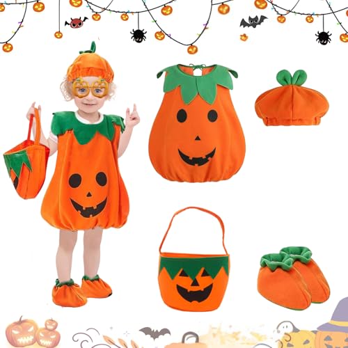 Halloween Kostüm Kürbis Kinder, kinder kürbis kostüm mit halloween süssigkeiten beutel, Halloween Kostüm Baby, Kürbis Kostüm Kinder Jungen Mädchen Set, Kürbis Kostüme für Halloween Party Cosplay (100) von JIASHA