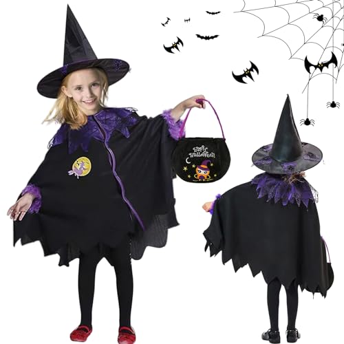 Hexenkostüm kinder,Hexenkostüm Mädchen,Halloween Umhang Kinder mit Hut und Halloween Tüten, Halloween Kostüm Hexe Kostüm,für Halloween Fasching Karneval Cosplay Party 3-10 Jahre von JIASHA