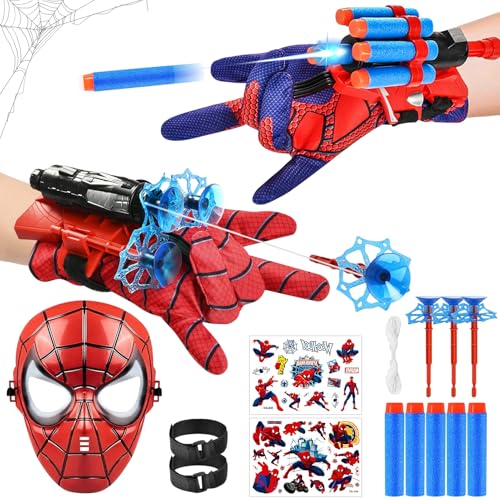 JIASHA 2 Set Launcher Handschuh, Spider Launcher Handschuh Super Spider Launcher Spider Hero Handschuhe mit Maske und Tattoo Cosplay Spiderm Handschuhe Requisiten Geschenk für Kinder Fans (D) von JIASHA