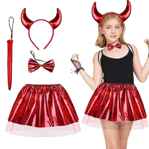 JIASHA 4-teiliges Halloween Teufel Kinderkostüm, Teufel Kostüm Kinder, Teufel Kostüm Mädchen, Teufelshörner Tutu Haarreif Fliege Schwanz Rot für Halloweenparty Maskerade Karneval von JIASHA