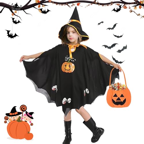 JIASHA Fledermaus Kostüm Kinder, Fledermauskostüm Vampir Kinder, Halloween Fledermaus Kostüm, Schwarz Fledermausflügel Kostüm Kinder mit Hut und Kürbistüte, für Halloween Cosplay Gruselparty (A) von JIASHA