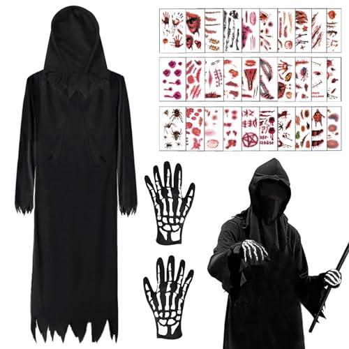 JIASHA Halloween Kostüm Sensenmann, Sensenmanns Schwarzes Gewand mit Masken und Handschuhen, Erwachsenenkostüm für Faschings Halloween Cosplay von JIASHA