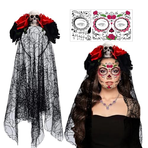 Karneval Tag der Toten Haarreif,Karneval Dia De Los Muertos Haarreif,day of the dead haarreif mit Gesicht Tattoos,Rose Tag der Toten Haarschmuck,Day of the Dead Haarschmuck,Karneval Damen Accessoires von JIASHA