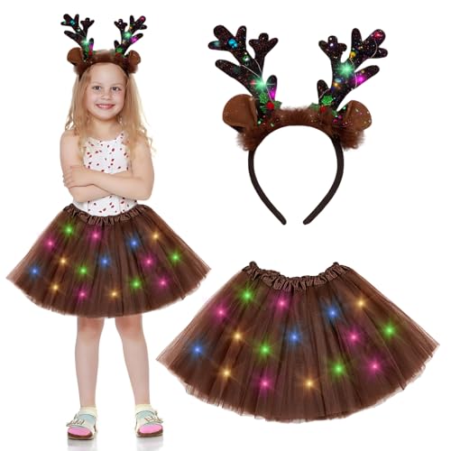 JIASHA Kostüm Rentier Kinder, Leuchtende Reh Kostüm Kinder mädchen,rentier kostüm kinder,Mädchen LED Tutu Rock mit Rentier Haarreif,karneval kostüm kinder für Karneval,Fasching,Cosplay von JIASHA