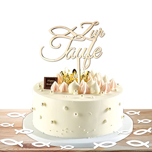 Taufe Torten Topper,45 Pcs Holz Fische Streudeko+1pcs Zur Taufe Cake Topper,Holz Cake Topper taufe,Holz torten topper taufe,Zur Kommunion Kuchenaufstecker,Dekoration für Kommunion Taufe Konfirmation von JIASHA