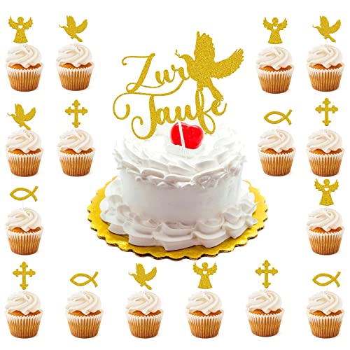 Zur Taufe Torten Topper, 17 Pcs Taufe Cake Topper Glitzer Torte Topper Cupcake Topper Zur Taufe Kommunion Kuchenaufstecker, Dekoration für Kommunion Taufe Konfirmation (A) von JIASHA