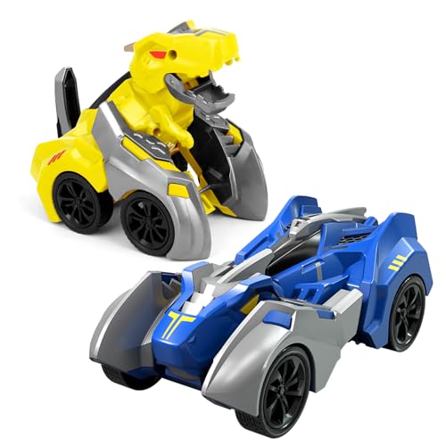 JICONEE Dinosaurier Spielzeug Auto für Kinder 3 4 5 6 Jahren,Rennauto Kollision Verwandeln Monster Truck,Dino Spielzeugauto ab 3 Jahre Jungen Mädchen Geschenke 2 Stück(Blau-Gelb) von JICONEE