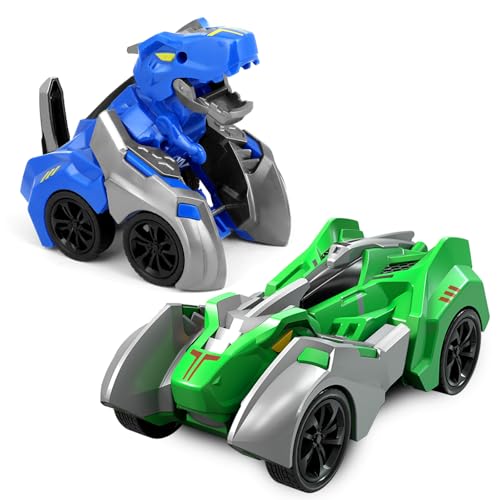 JICONEE Dinosaurier Spielzeug Auto für Kinder Rennauto Kollision Verwandeln Monster Truck,Dino Spielzeugauto ab 3 Jahre Jungen Mädchen Geschenke 2 Stück(Grün-Blau) von JICONEE