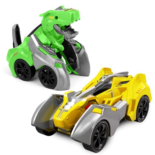 JICONEE Dinosaurier Spielzeug Auto für Kinder Rennauto Kollision Verwandeln Monster Truck,Dino Spielzeugauto ab 3 Jahre Jungen Mädchen Geschenke 2 Stück(Grün-Gelb) von JICONEE