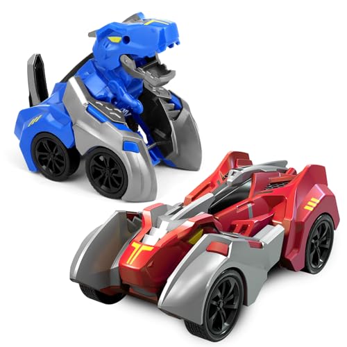 JICONEE Dinosaurier Spielzeug Auto für Kinder Rennauto Kollision Verwandeln Monster Truck,Dino Spielzeugauto ab 3 Jahre Jungen Mädchen Geschenke 2 Stück(Rot-Blau) von JICONEE